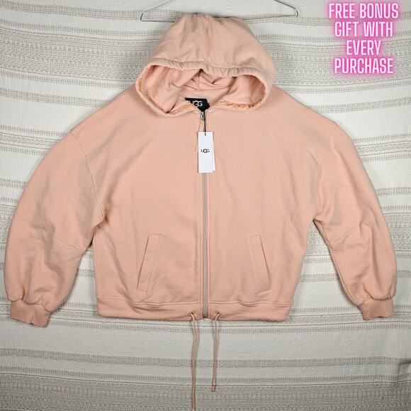 UGG Pink Zip Up Hoodie Half Moon Sleeves with Pockets Size XL NWT - Picture 1 of 10